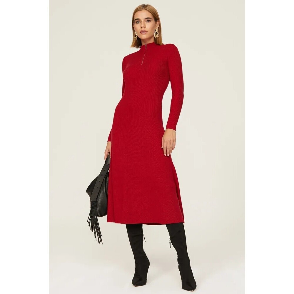 Jason Wu Quarter Zip Long Sleeve Mock Neck Knit Midi Dress Red Size Large